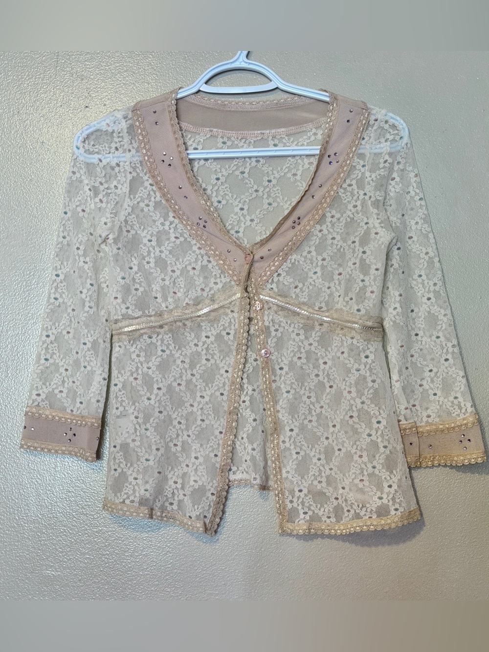 Y2K lace button up cardigan with sequin details small